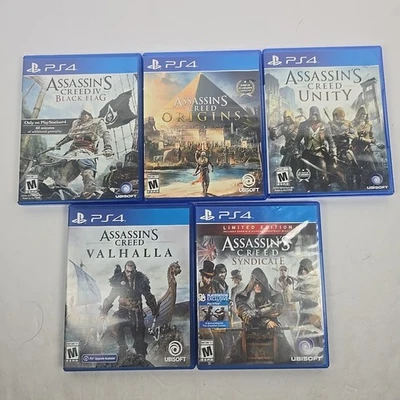 Assassin's Creed Black Flag,Unity,Origins,Syndicate, & Valhalla PS4 Clean Discs - Image 1 of 4
