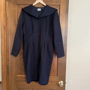 Vintage Laura Ashley Wool Sailor Dress Navy Pleated Button Front - Picture 1 of 12