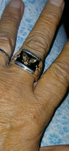 Franklin Mint Men's 925 Sterling Silver & 14K Yellow Gold Eagle & Onyx Ring 11 - Picture 1 of 19