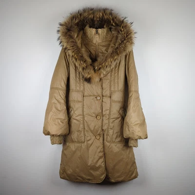 Abrigo largo beige Mackage con doble cremallera y capucha de piel de mapache talla XS Foto 1 de 4