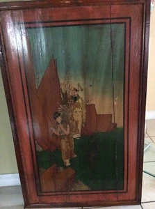 ANTIQUE: JAPANESE PAINTING on WOOD PANEL WALL HANGING - Picture 1 of 11