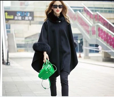 Double Sided 100 Wool Cape Coat Real Fox Fur Collar Poncho For Party Black - Image 1 of 4