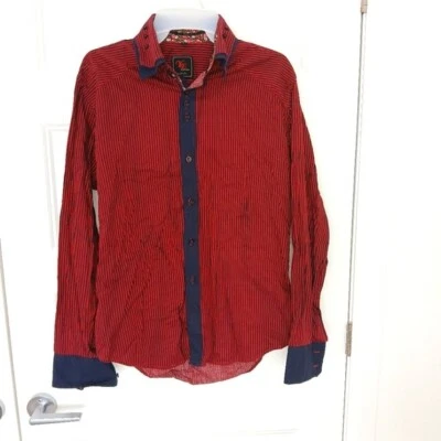 Yves Enzo Dark Red Navy Blue Striped Long Sleeve Men Dress Shirt Large Slim Fit - Image 1 of 4