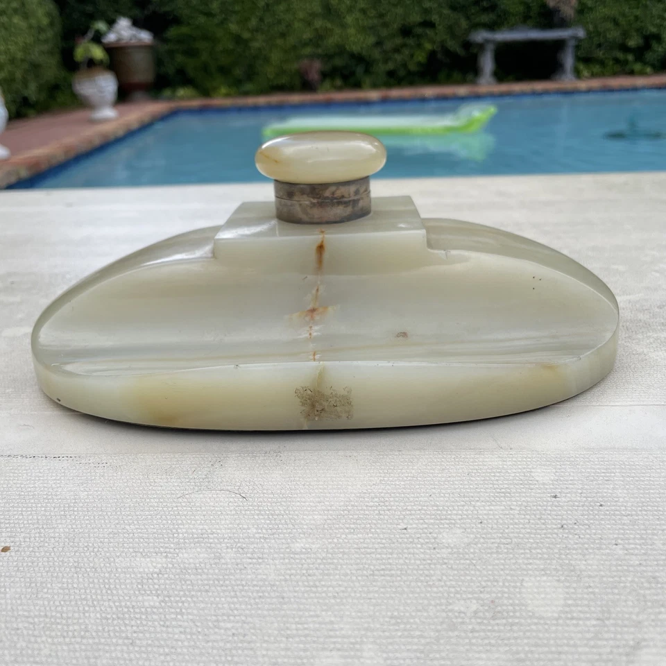 "Antiguo pozo de tinta de plata de ley y ónix con sello inglés - 8,5"" x 5,5"" x 3,25""" Foto 1 de 4