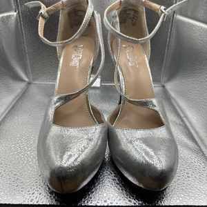 Size 10 - Brash Silver Glittery Platform Pump High Heel Shoes Cross Ankle (Z2) - Picture 1 of 6
