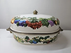 Cornucopia Enamelware Covered Casserole With Brass Handles Made In Thailand VTG - Picture 1 of 5