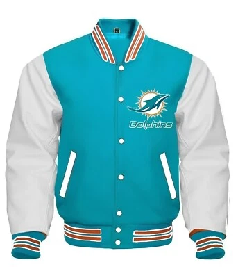 Chaqueta Letterman de Cuero Blanco Cuerpo Turquesa Miami Dolphins Chaqueta Universitaria Foto 1 de 4