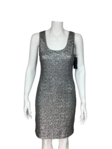 La Cite' Sz Medium Matte Silver Sequin Scoop Neck Stretch Bodycon Dress NWT 118. - Picture 1 of 7