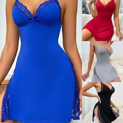 Sensational women modal sleepwear v neck lace thong night dress design - Image 1 of 4