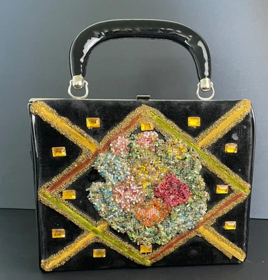 intage Beaded Velvet Box Evening Bag Floral Wool Embroidery Rhinestones 9.5x7.5 - Image 1 of 4