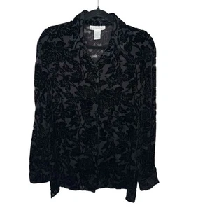 Dressbarn M vintage black floral velvet burnout long sleeve button up blouse top - Picture 1 of 7