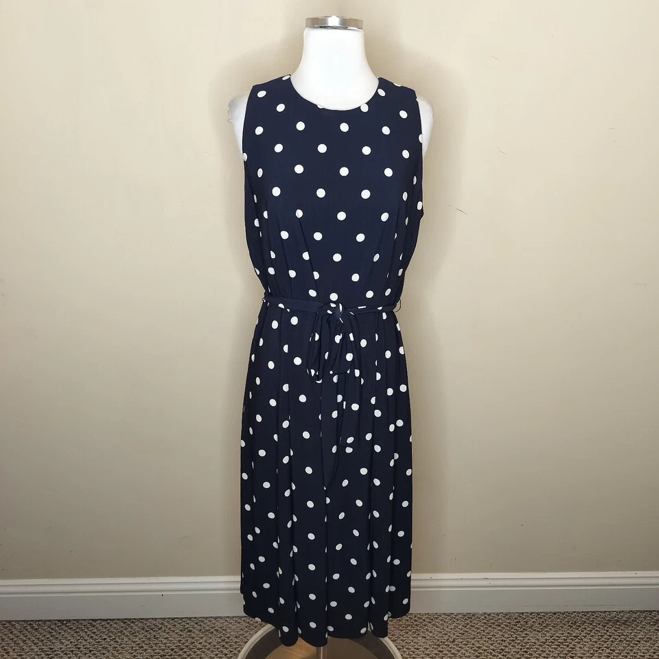 Anne Klein Polka Dot Dress Size XL Womens Belted Black White Stretch Fit Flare - Image 1 of 4