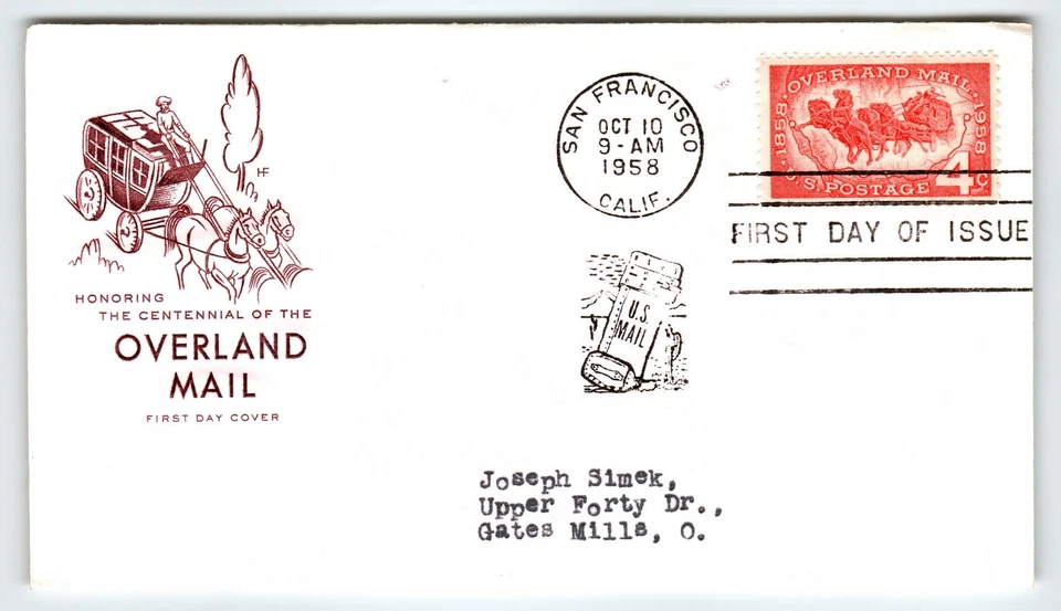 Scott #1063 1958 Overland Mail Centennial First Day Cover FDC San Francisco - Image 1 of 2