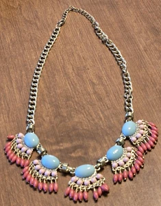 Vintage J. Collana Crew tono oro pietra blu e rosa grossa dichiarazione ventaglio 12". L - Foto 1 di 8