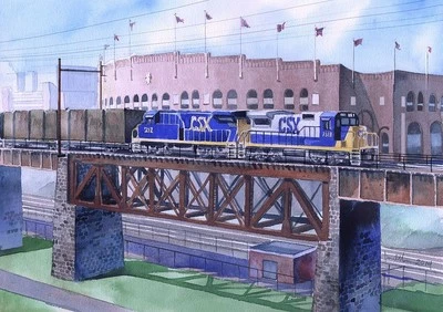CSX Railroad West Phila High Line, Franklin Field. James Mann Watercolor Prints - Image 1 of 2