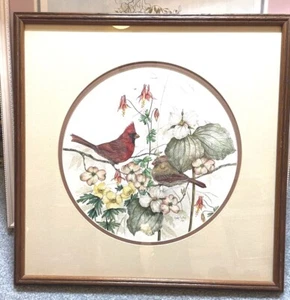 Acquerello originale "Cardinals" di Cyndy Callog 1985 incorniciato con lettera artista - Foto 1 di 10