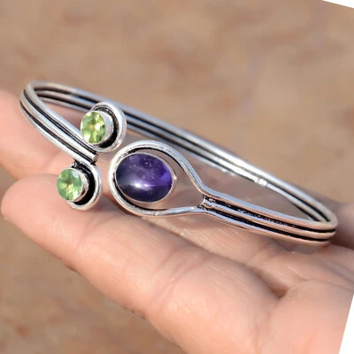 Oval Amethyst & Peridot Cut Gemstone Bracelet 925 Sterling Silver Holiday Cuff - Image 1 of 4