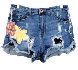 Gogo Jeans Womens Junior 9/26 Denim Blue Cut-Off Shorts Distressed Embroidery 2" - Picture 1 of 12