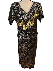 Vtg 70s/80s Valachi Creations Sequins 100% Silk Skirt Suit Blouse Sz S/M