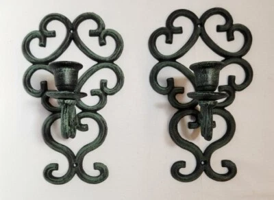Wrought Iron Candle Wall Sconces Pair Candle Holders Black Green 1960’s- 1970’s - Image 1 of 4