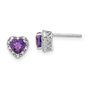 925 Sterling Silver Amethyst Diamond Heart Stud Solitaire Earrings - Picture 1 of 5