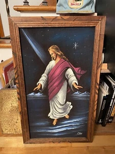 Kunst VINTAGE SAMT JESUS DER KOSMISCHE CHRISTUS Gemälde auf Samt Holzrahmen MCM - Bild 1 von 5