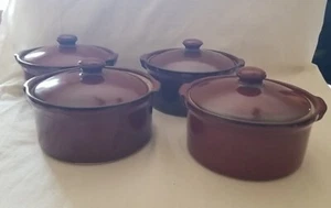 Vintage Brown Glazed Stoneware 5" X 2.5" Bean Pot Crock Set with Lids~Set of 4 - Picture 1 of 8