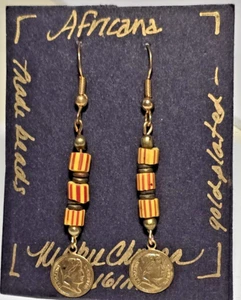 Yellow Antique African Venetian Trade Bead & Napoleon GP Brass Dangle Earrings - Picture 1 of 9