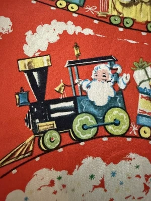 1 yd Vintage Christmas Santa Train Reindeer Red Cotton Fabric JoAnns - Image 1 of 4