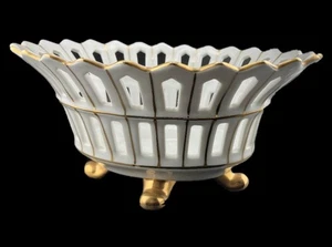 Vintage Porcelain Reticulated Footed Bowl/Dish, Gold/Gilt Trim - Picture 1 of 8