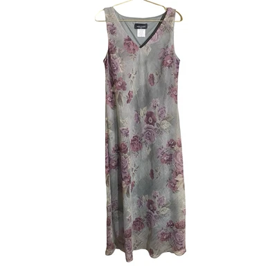 Miss Dorby Floral Maxi Dress 16 Gray Purple Roses Cottage Fairy Boho Romantic - Image 1 of 4