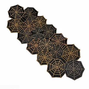 Isaac Mizrahi Halloween Spooky Spider Webs Gold & Black Beaded 36" Table Runner - Picture 1 of 1