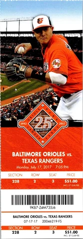 TICKET - Baltimore Orioles vs Texas Rangers (July 17 2017) Manny Machado Cover