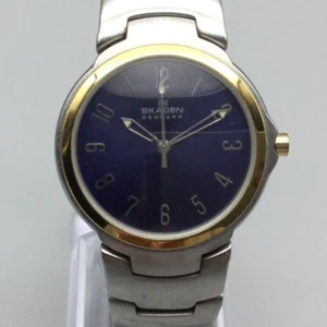 Skagen Watch Women 30mm Silver Gold Tone Date Blue Dial New Battery 7.25" - Picture 1 of 15