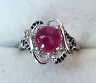 Red Ruby 8mm Cabochon Black Spinel 925 Sterling Silver Ring 3.83 ctw, Size 8
