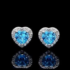 1CT Heart Topaz Blue Halo Simulated Diamond Earrings 14K White Gold Screwback