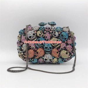 Crystal Skulls Beaded Box Chains Party Evening Wedding Bridal Clutch Bag C139 - Picture 1 of 8