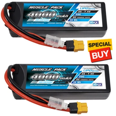 NHX Muscle Pack 2S 7.4V 4000mAh 20C Hard Case Lipo Battery (2) w/ XT60 Connector - Image 1 of 4