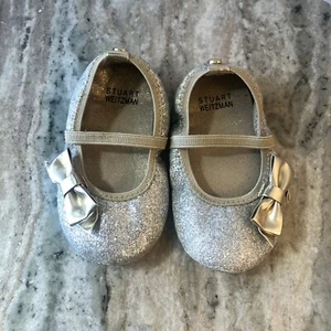 Stuart Weitzman Size 4 Pali Gaby Baby Dress Shoes Silver Gold Bow Glitter -N - Picture 1 of 4