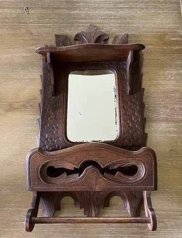 ANTIQUE VINTAGE WOOD CARVED SHAVING MIRROR TOWEL BAR RACK PRIMITIVE BATHROOM Cover