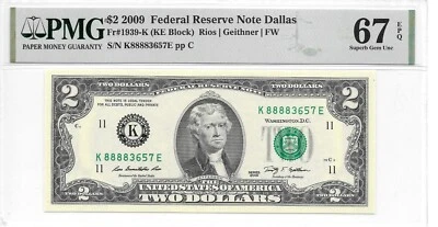2009 Dallas $2 FRN Lucky Money KE Block PMG 67 EPQ Superb Gem Unc. (K88883657E) - Image 1 of 2