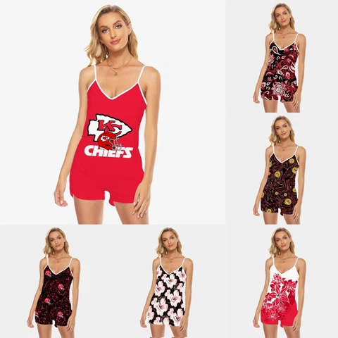 Kansas City Chiefs One Piece V-Neck Swimsuit Swim Tank Tops Rompers Jumpsuit Cover