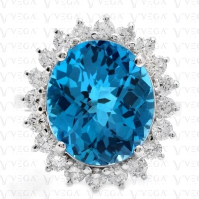 Anel de ouro branco sólido 14k corte oval 9,50 quilates topázio azul natural e diamante 100% real - Imagem 1 de 4
