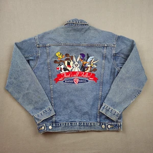 VTG 1998 Warner Bros Looney Tunes Denim Jacket M Cartoon Embroidered USA Retro - Picture 1 of 9