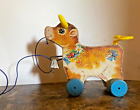 Vintage 1960S Fisher Price Bossy Bell Cow Wooden Pull Toy With Bell Original