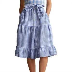 NEU POLO Ralph Lauren Größe 12 blau Gingham Stufen Leinen Midirock adrette Picknick - Bild 1 von 12