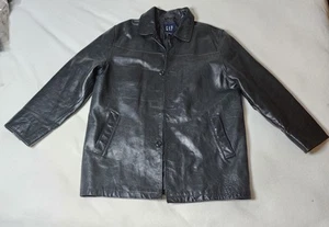 Vintage GAP Leather Car Coat Mens Black Button Jacket Quilted Buffy Slayer 90s - Picture 1 of 12