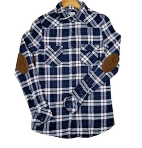 CI SONO Top Women Small Button Up Elbow Guard Blue Tartan Plaid Flannel Gorpcore - Picture 1 of 11