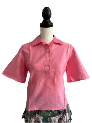 Rosie Assoulin 粉色裁剪丝绸衬衫 4 码意大利制造 100% 真丝雪纺 — 第 1/4 张图片