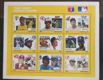 Estampillas de Granada MLB de Estados Unidos Estampillas de la serie 1 de béisbol (hoja de 9) tiene certificado de autenticidad de Pete Rose+ Foto 1 de 2